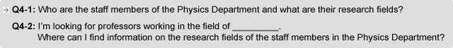 Q4-1. Who are the staff members of the Physics Department and what are their research fields?  Q4-2. I’m looking for professors working in the field of _________. Where can I find information on the research fields of the staff members in the Physics Department?